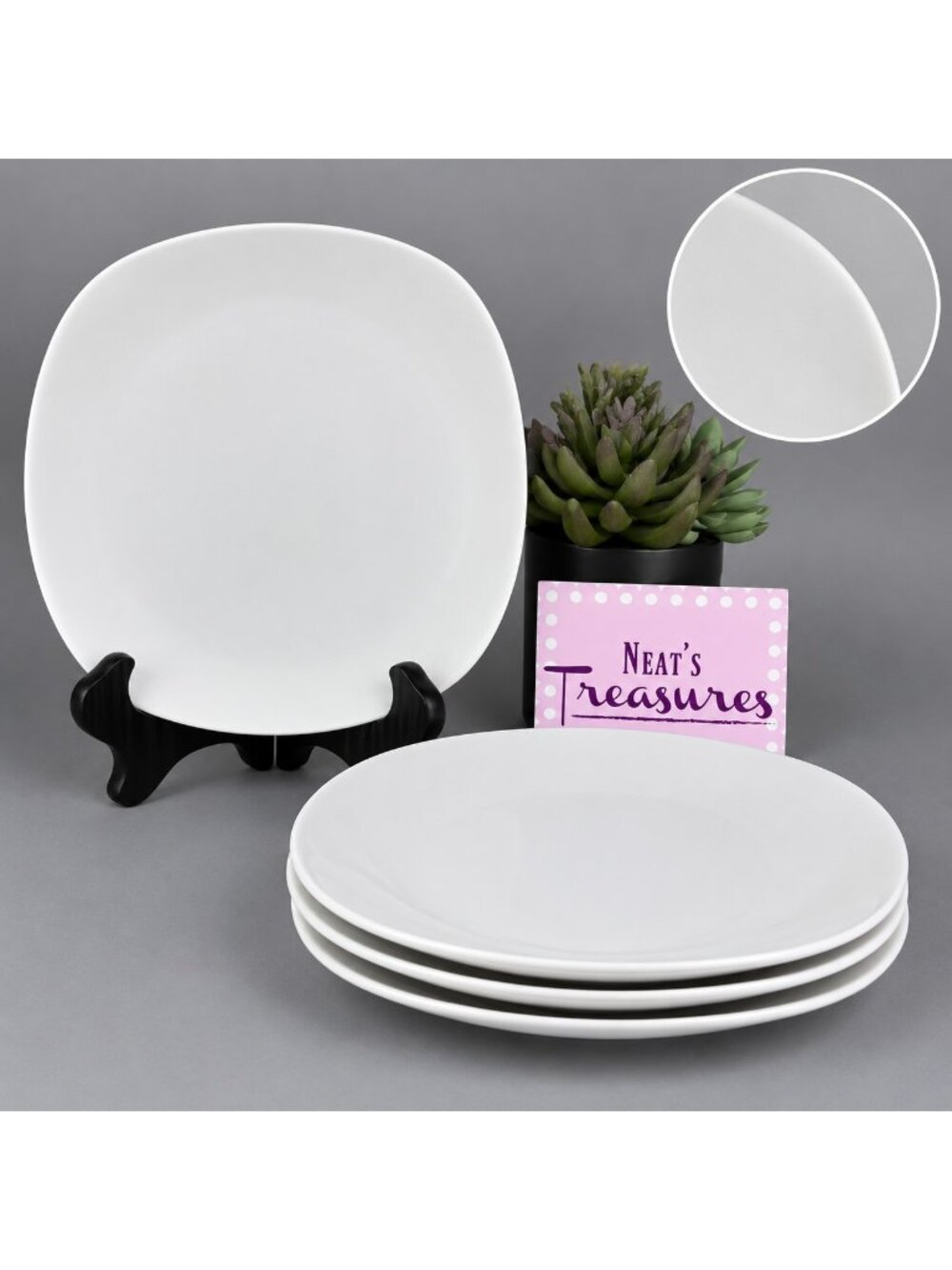 Metro Home Everyday Essentials WHITE Soft Square Porcelain Salad Plates Set of 4